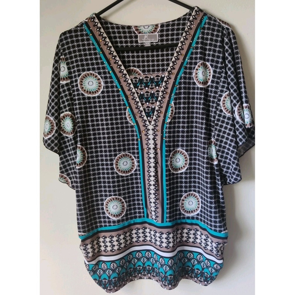 JM Collection Women's Petite Tunic Top Short Dolman Sleeve Aztec Size PXL